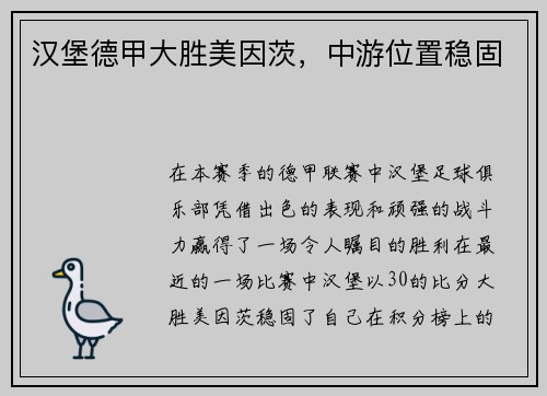 汉堡德甲大胜美因茨，中游位置稳固